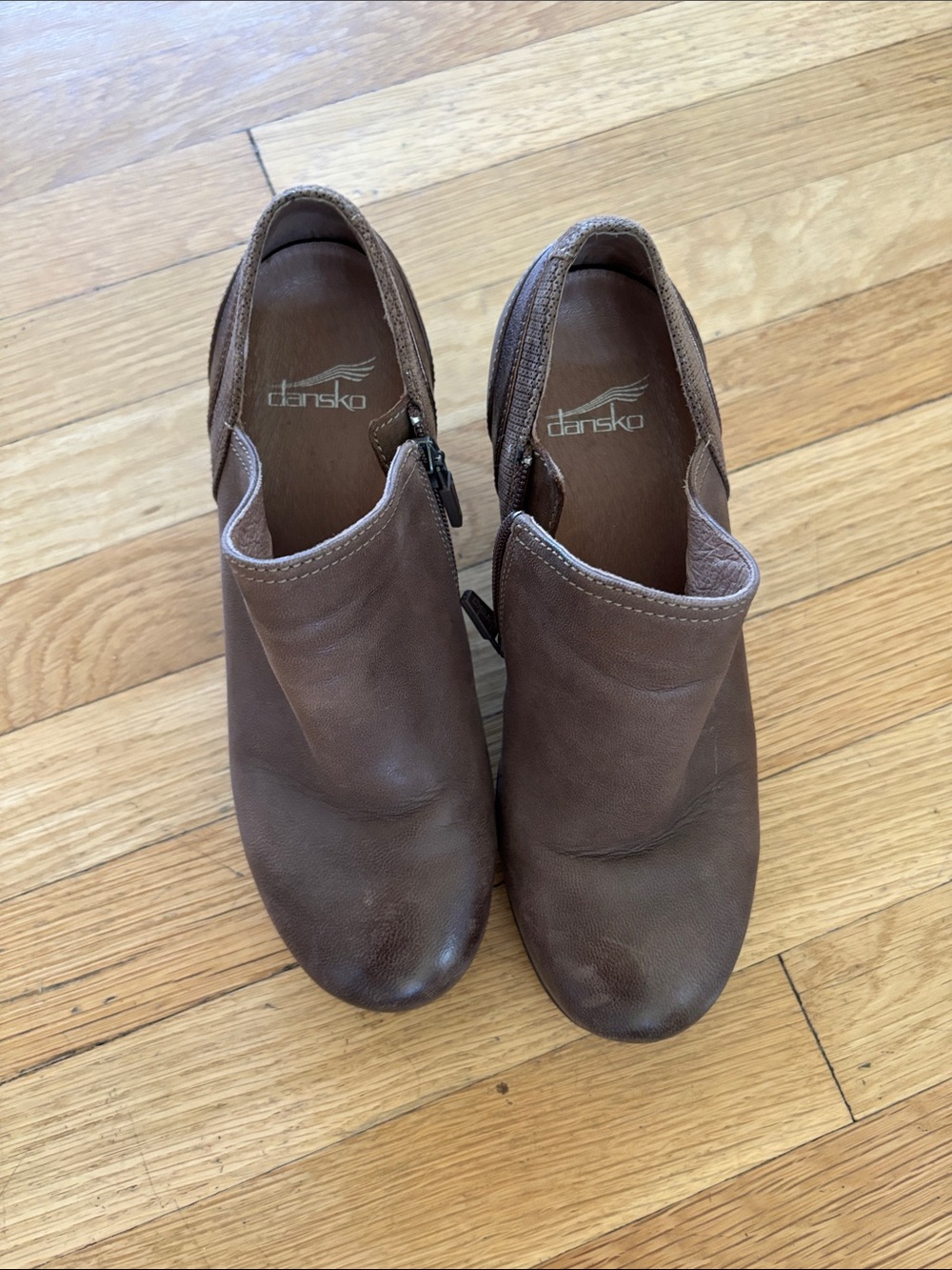 Dansko Brown Leather Zip-Detail Clogs